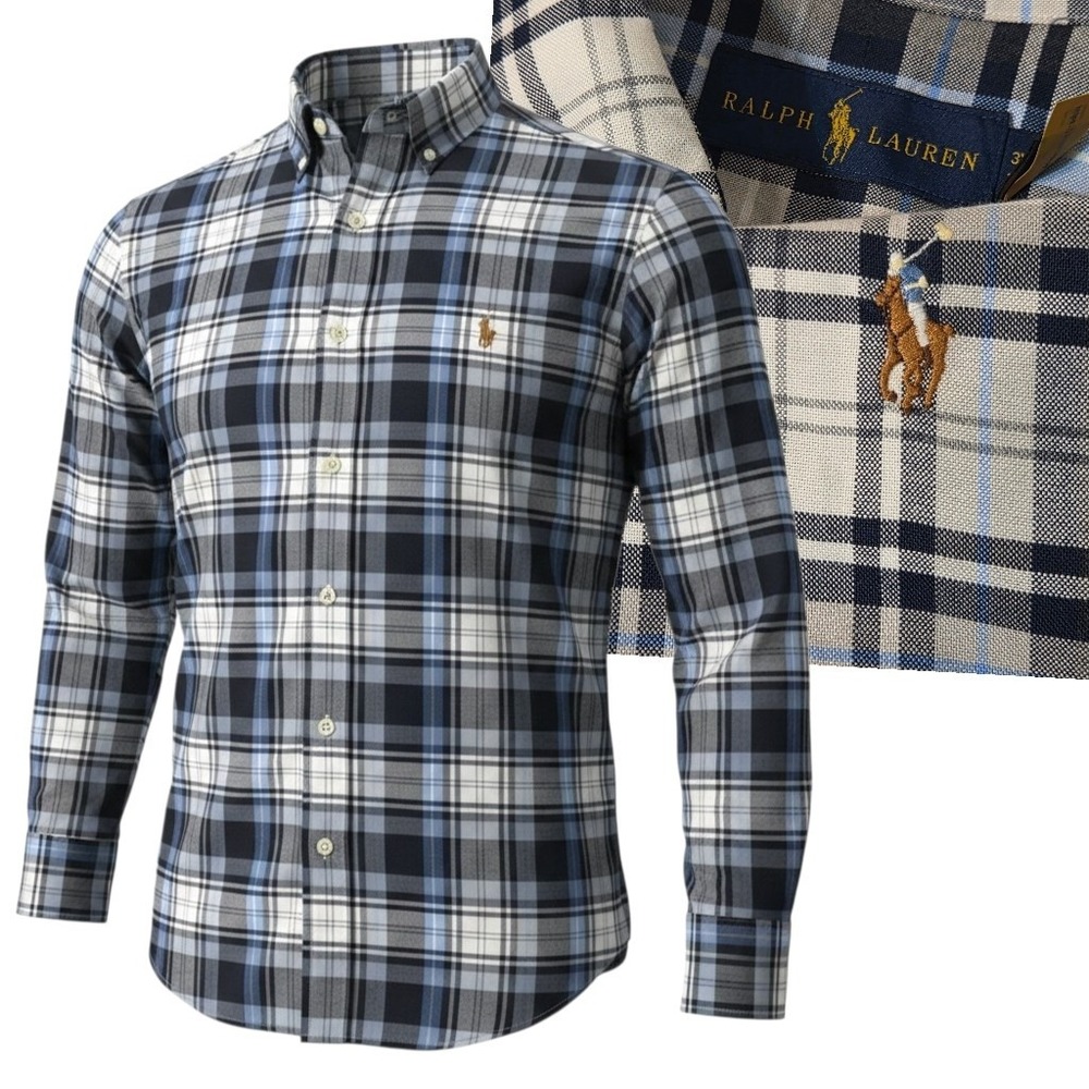 Ralph Lauren Button Down Shirt Mens 3XLT Blue Plaid Long Sleeve Cotton Pony Logo